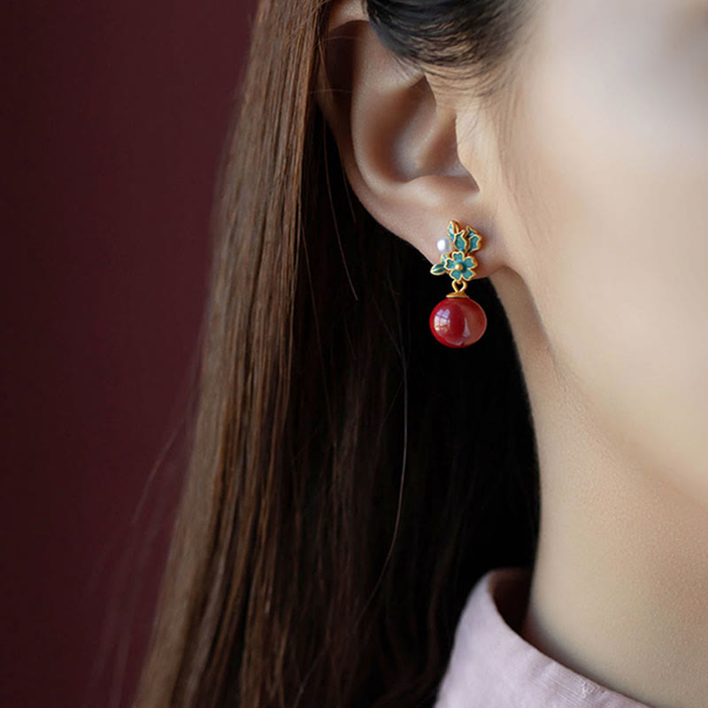 KarmaRipple's 925 Sterling Silver Plated Gold Cinnabar Pearl Flower Blessing Pendant Necklace Earrings Ring Set p14