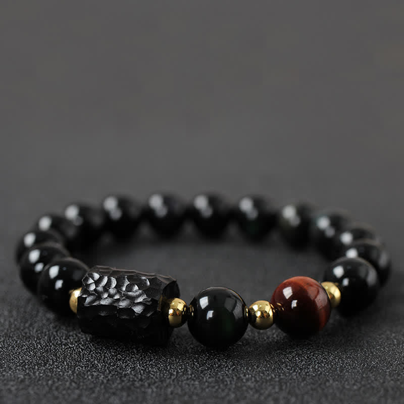 KarmaRipple's Black Obsidian Ebony Wood Red Tiger Eye Strength Pair Bracelet p3