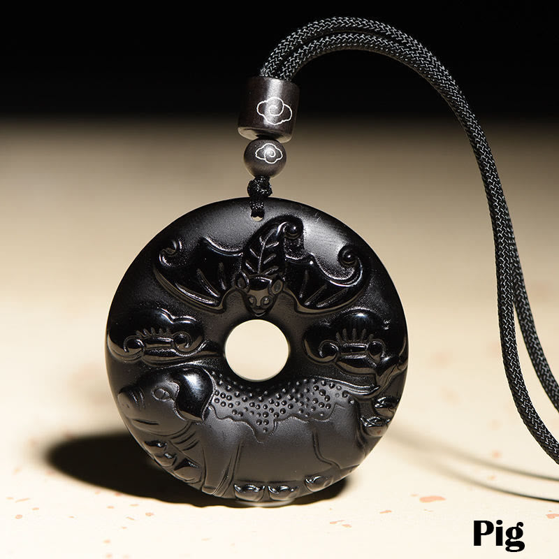 KarmaRipple's Chinese Zodiac Authentic Black Obsidian Peace Buckle Strength Pendant Necklace p40