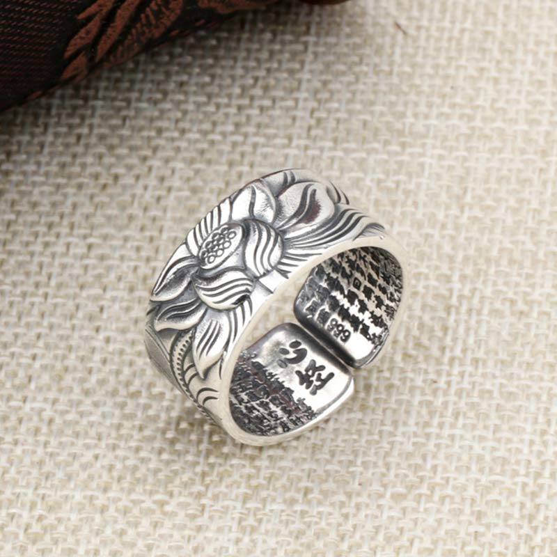KarmaRipple's 999 Sterling Silver Lotus Symbol Heart Sutra Protection Ring p9