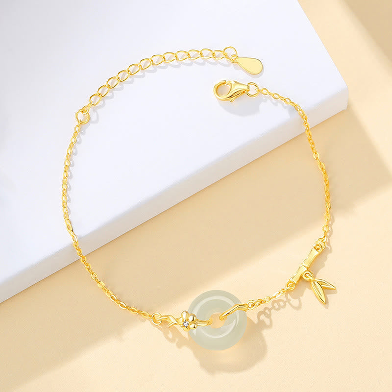 KarmaRipple's 925 Sterling Silver Hetian Jade Chalcedony Peace Buckle Bamboo Leaf Prosperity Chain Bracelet p1