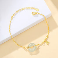 KarmaRipple's 925 Sterling Silver Hetian Jade Chalcedony Peace Buckle Bamboo Leaf Prosperity Chain Bracelet