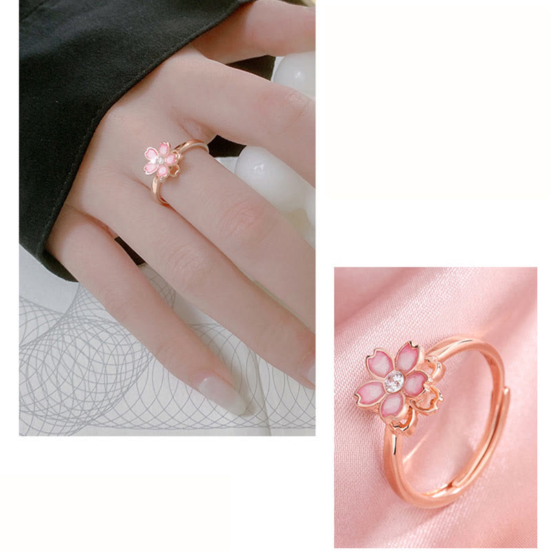 KarmaRipple's 925 Sterling Silver Cherry Blossom Blessing Chain Bracelet Rotatable Ring p22