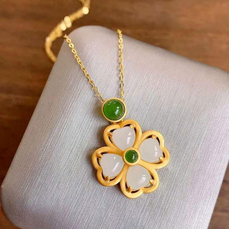 KarmaRipple's 925 Sterling Silver Fortunate Four Leaf Clover Jade Prosperity Pendant Chain Necklace p14