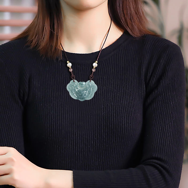 KarmaRipple's Authentic Jade Peony Flower Lock of Good Wishes Prosperity Pendant Necklace p10