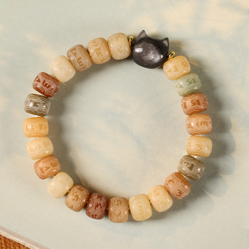 KarmaRipple's Bodhi Seed Silver Sheen Obsidian Cat Head Om Mani Padme Hum Engraved Balance Bracelet p3