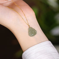 KarmaRipple's 925 Sterling Silver Authentic Hetian Jade Cyan Jade Fortune Laughing Buddha Butterfly Pendant Necklace
