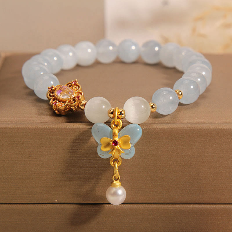 KarmaRipple's Aquamarine Cat's Eye Balancing Butterfly Pearl Talisman Bracelet p5