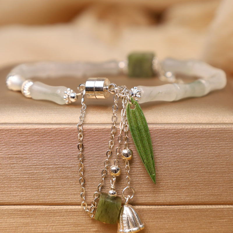 KarmaRipple's 925 Sterling Silver Authentic Ivory Jade Bamboo Leaf Lantern Talisman Happiness Bracelet p2