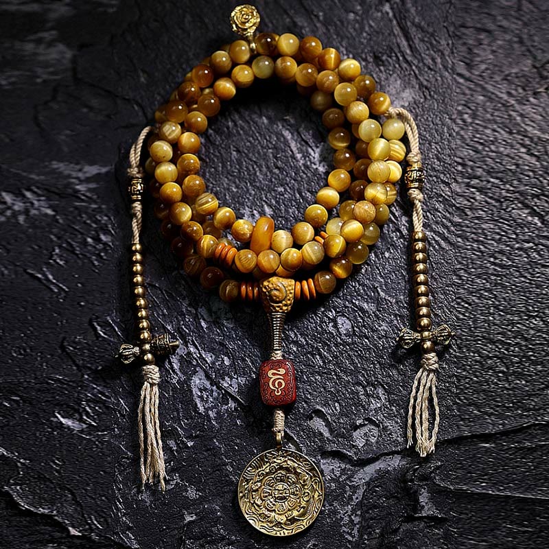 KarmaRipple's 108 Mala Beadwork Authentic Tiger Eye Bronze Dorje Protection Tassel Bracelet p25