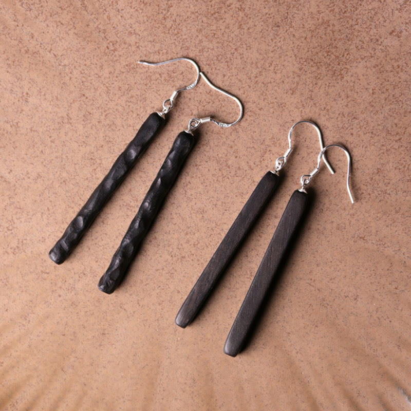 KarmaRipple's 925 Sterling Silver Ebony Wood Texture Balance Peace Drop Dangle Earrings p3