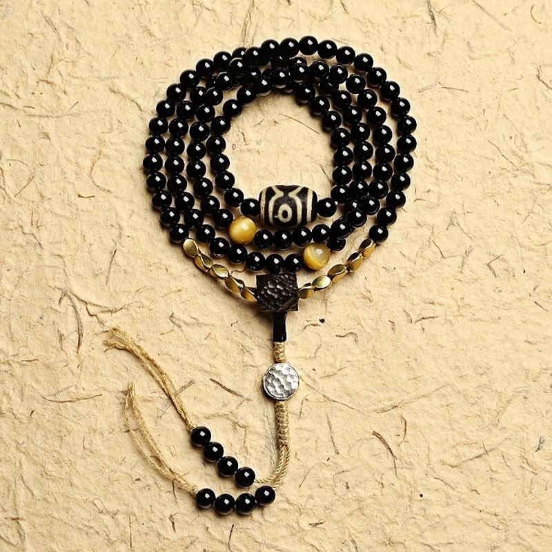 KarmaRipple's Tibetan 108 Mala Beadwork Black Onyx Three-eyed Dzi Beadwork Protection Bracelet p2
