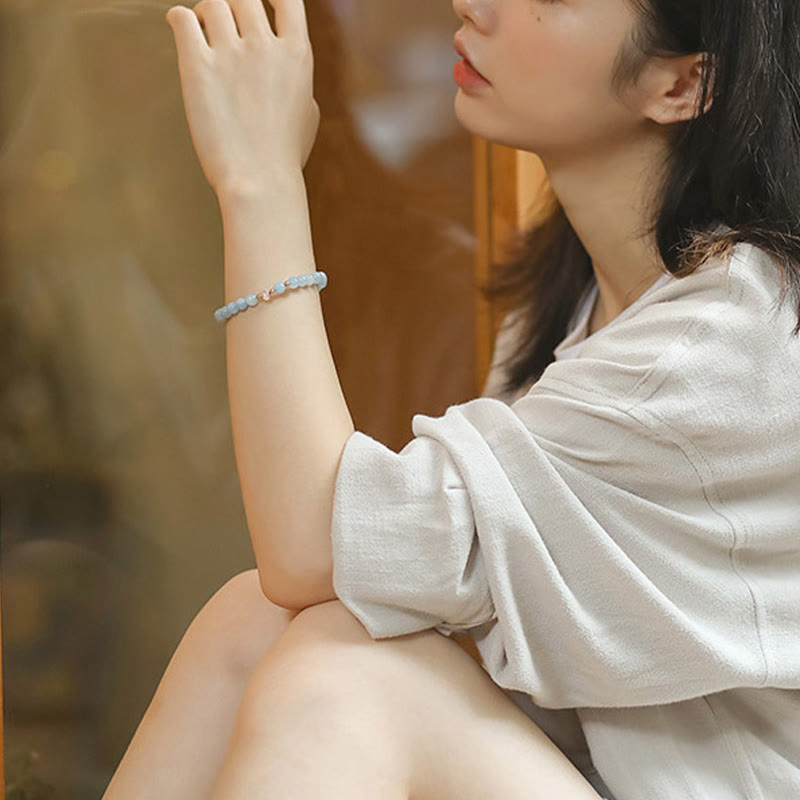 KarmaRipple's 14K Gold Plated Bronze Aquamarine Ivory Gemstone Ivory Agate Blue Gemstone Balancing Bracelet p9