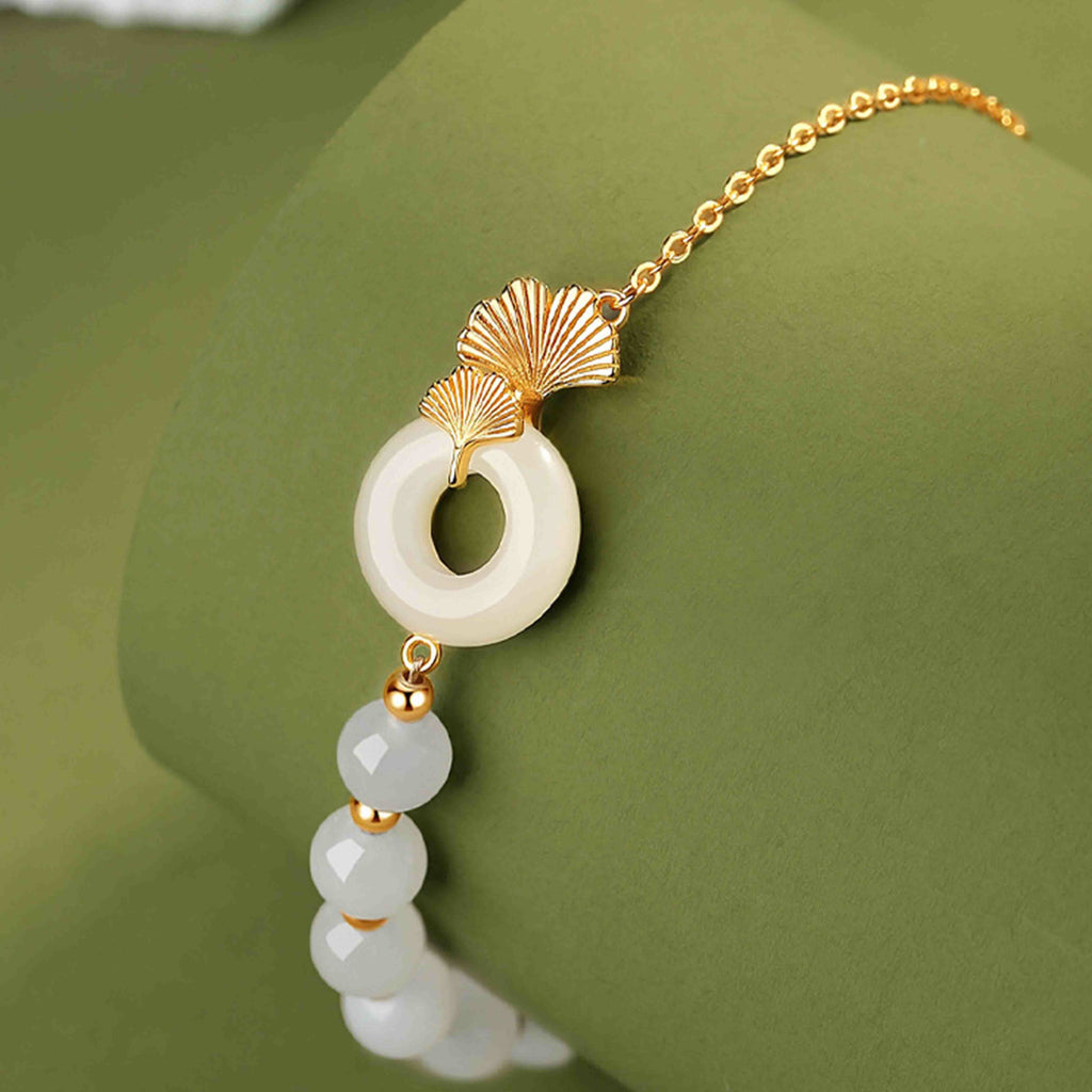KarmaRipple's 925 Sterling Silver Hetian Ivory Jade Peace Buckle Ginkgo Leaf Fortune Bracelet p4
