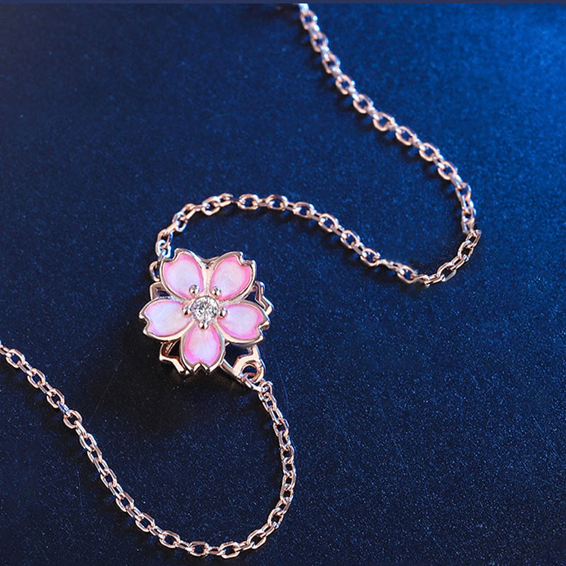 KarmaRipple's 925 Sterling Silver Cherry Blossom Blessing Chain Bracelet Rotatable Ring p10