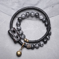KarmaRipple's Black Rutilated Quartz Ebony Wood Bronze Wisdom Pair Bracelet