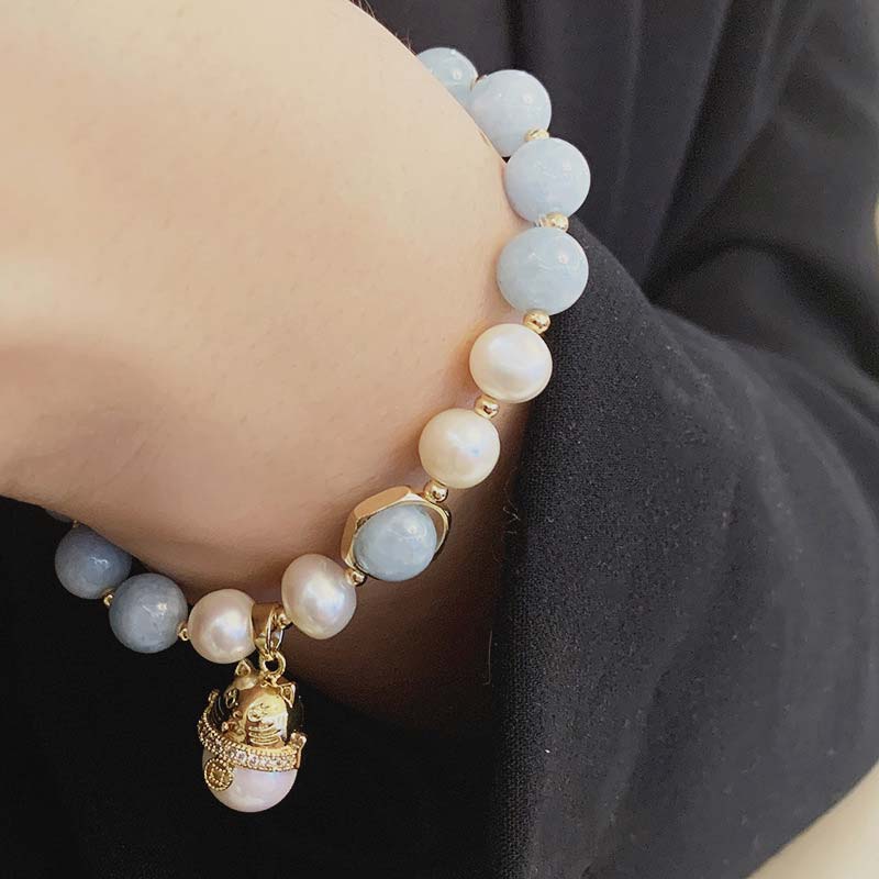 KarmaRipple's Aquamarine Pearl Peace Balancing Fortunate Cat Talisman Bracelet p4