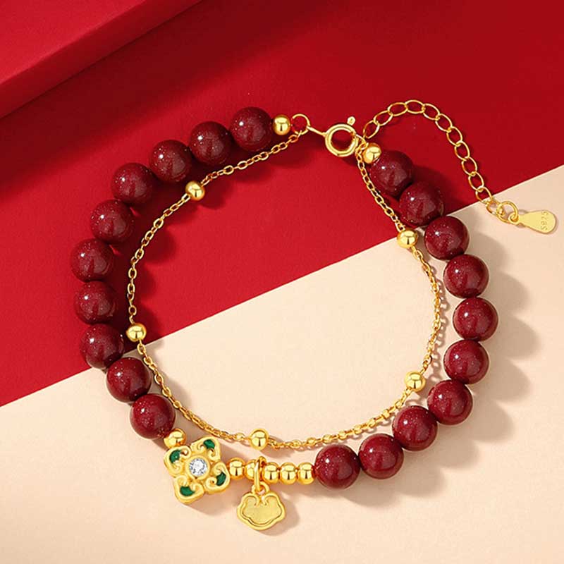 KarmaRipple's 925 Sterling Silver Authentic Cinnabar Four Leaf Clover Flower Blessing Chain Bracelet p4
