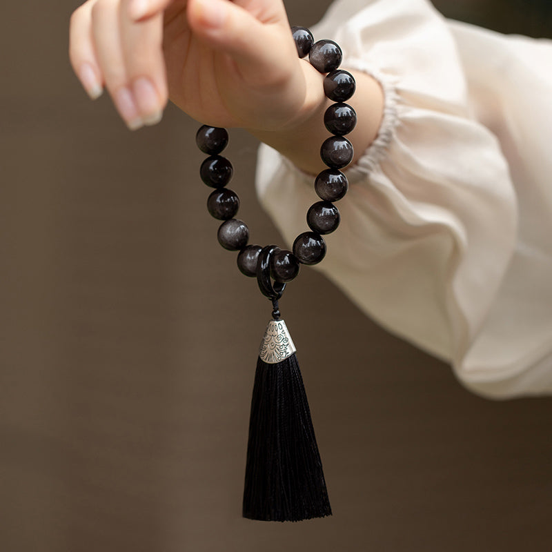 KarmaRipple's Authentic Silver Sheen Obsidian Black Obsidian Lion Wrist Mala Protection Tassels Pocket Mala Car Decoration p5