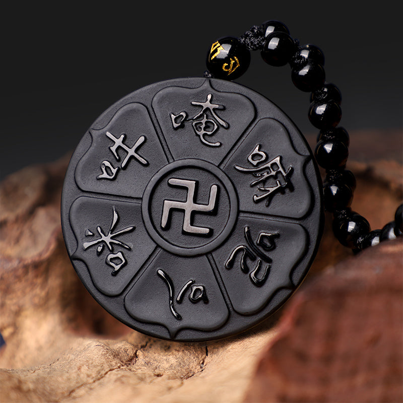 KarmaRipple's Authentic Black Obsidian Tibetan Om Mani Padme Hum Buddha Swastika Fortune Pendant Necklace p2