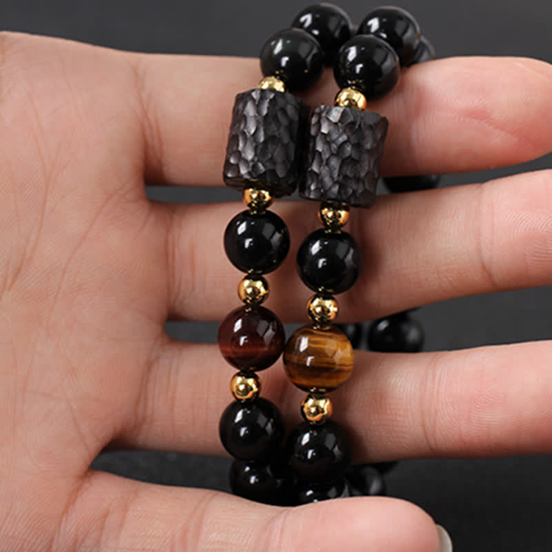 KarmaRipple's Black Obsidian Ebony Wood Red Tiger Eye Strength Pair Bracelet p9