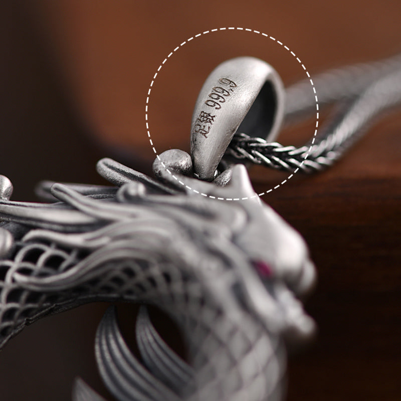 KarmaRipple's 999 Sterling Silver Year Of The Dragon Auspicious Peace Buckle Carved Success Pendant Necklace ( p13