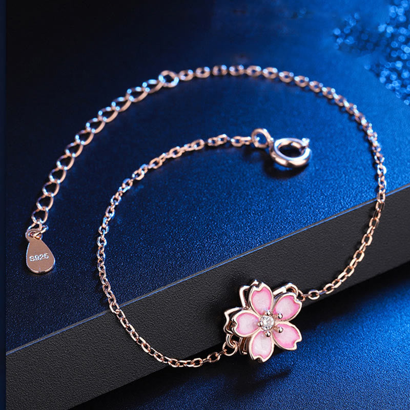 KarmaRipple's 925 Sterling Silver Cherry Blossom Blessing Chain Bracelet Rotatable Ring p3