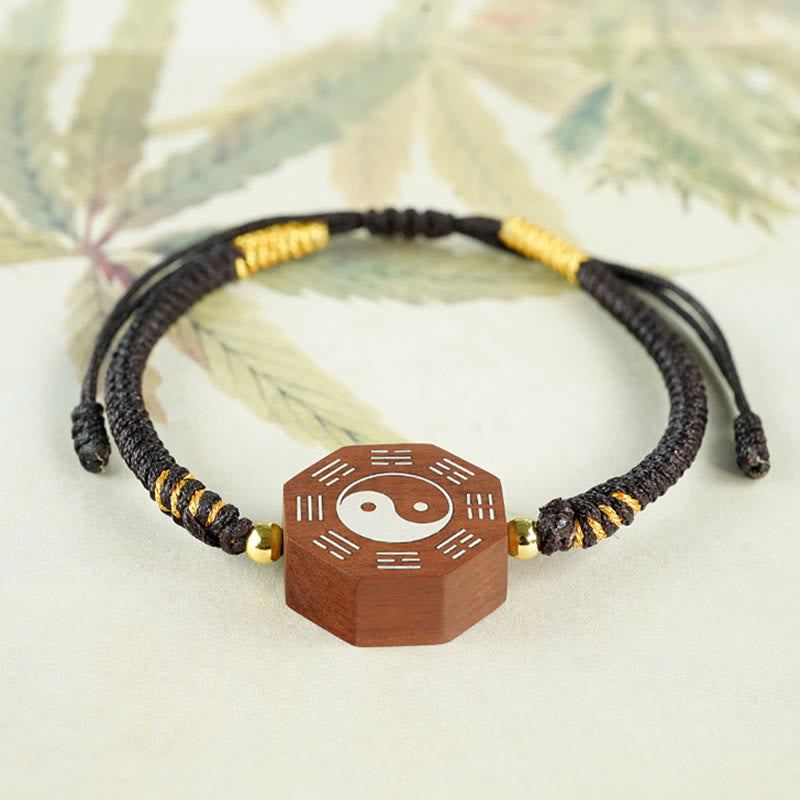 KarmaRipple's Small Leaf Red Sandalwood Jujube Wood Ebony Wood Silver Inlaid Yin Yang Bagua Big Dipper Protection Bracelet p7