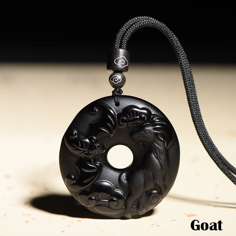 KarmaRipple's Chinese Zodiac Authentic Black Obsidian Peace Buckle Strength Pendant Necklace p36