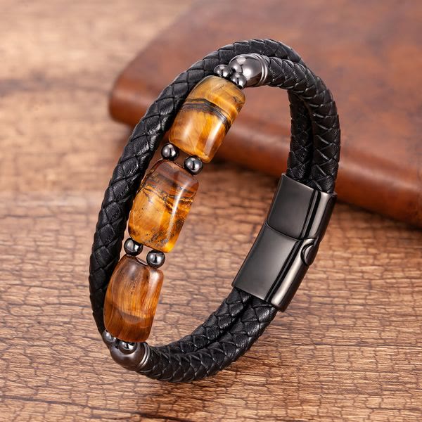 KarmaRipple's Authentic Tiger Eye Protection Willpower Magnetic Buckle Leather Bracelet p1