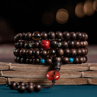 KarmaRipple's 108 Mala Beadwork Kalimantan Agarwood Laughing Buddha Peace Buckle Red Agate Jade Strength Bracelet