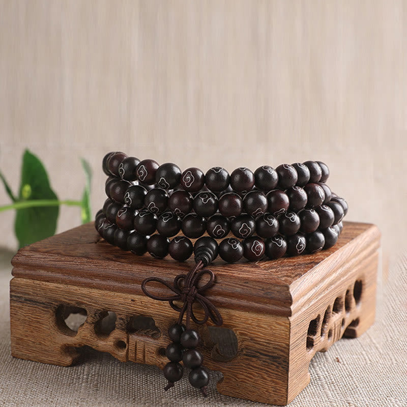 KarmaRipple's 925 Sterling Silver Inlaid Small Leaf Red Sandalwood Om Mani Padme Hum Character Auspicious Clouds Protection Bracelet p7