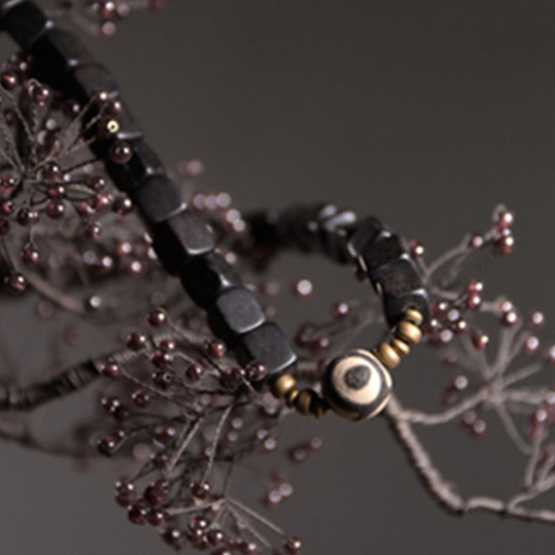 KarmaRipple's Ebony Wood Dzi Bead Bronze Peace Pair Bracelet p6