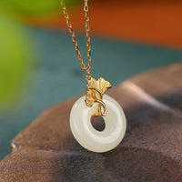 KarmaRipple's 925 Sterling Silver Authentic Hetian Jade Ginkgo Leaf Peace Buckle Fortune Pendant Necklace