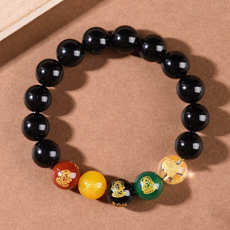 KarmaRipple's Gold Sheen Obsidian Rainbow Obsidian Black Obsidian Five Directions Gods of Wealth Bracelet p24