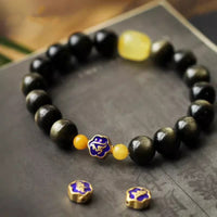 KarmaRipple's 925 Sterling Silver Chinese Zodiac Natal Buddha Authentic Gold Sheen Obsidian Amber Wealth Protection Bracelet