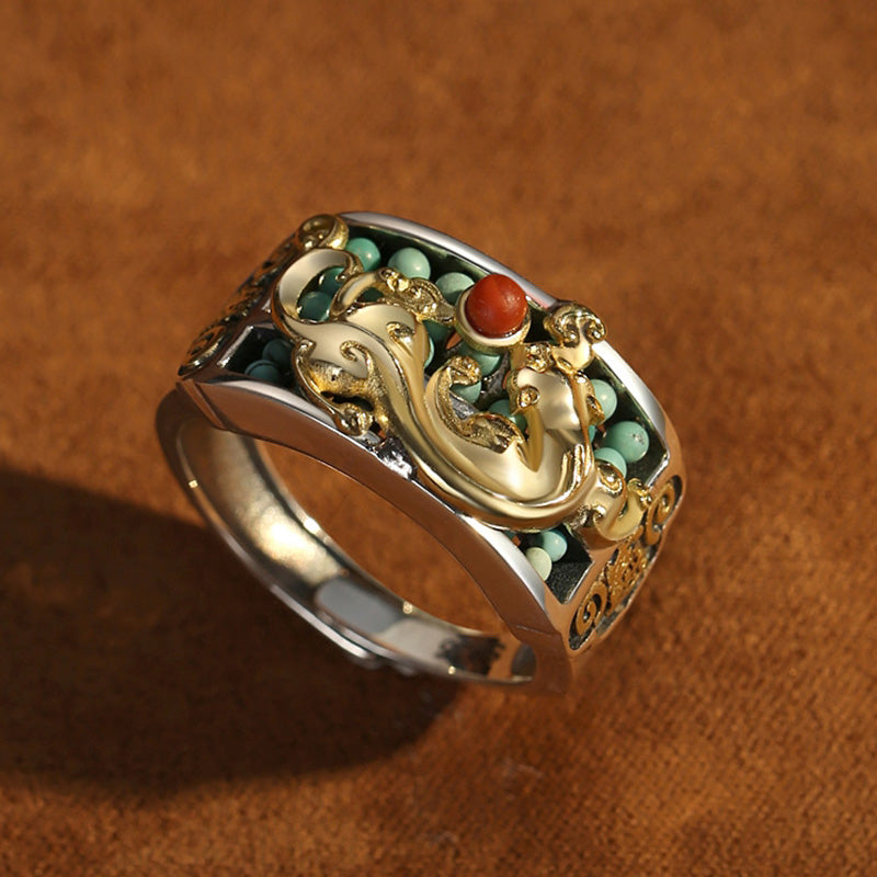 KarmaRipple's 925 Sterling Silver Turquoise Red Agate PiXiu Abacus Protection Ring p10