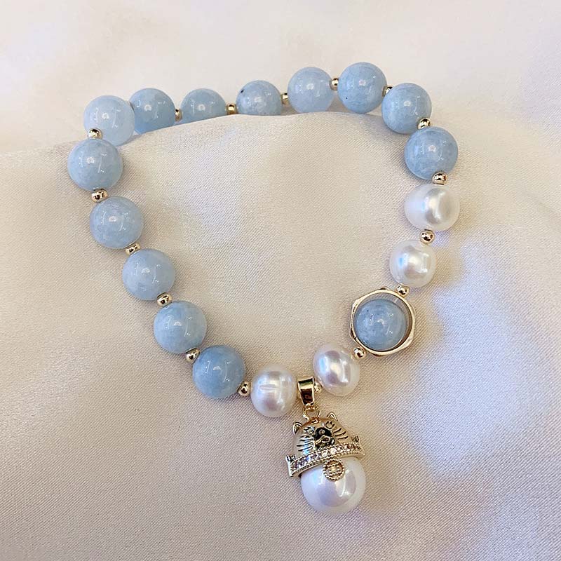 KarmaRipple's Aquamarine Pearl Peace Balancing Fortunate Cat Talisman Bracelet p10