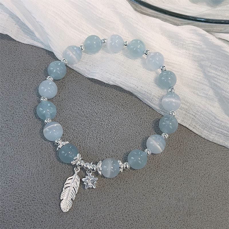 KarmaRipple's 925 Sterling Silver Aquamarine Cat's Eye Balancing Feather Star Talisman Bracelet p2