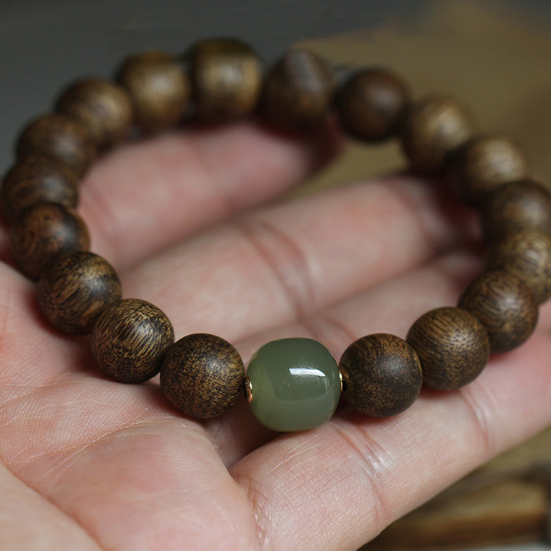 KarmaRipple's Vietnam Huang Qinan Agarwood Hetian Jade Peace Strength Bracelet p6