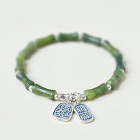 KarmaRipple's 925 Sterling Silver Bamboo Jade Fortunate Cat Fu Character Fortune Abundance Bracelet