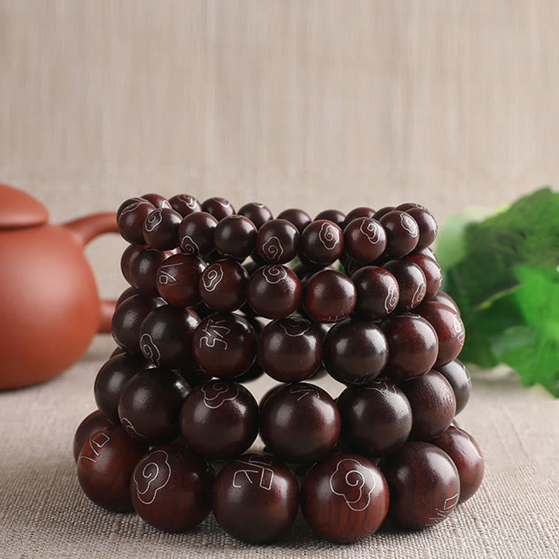 KarmaRipple's 925 Sterling Silver Inlaid Small Leaf Red Sandalwood Om Mani Padme Hum Character Auspicious Clouds Protection Bracelet p19