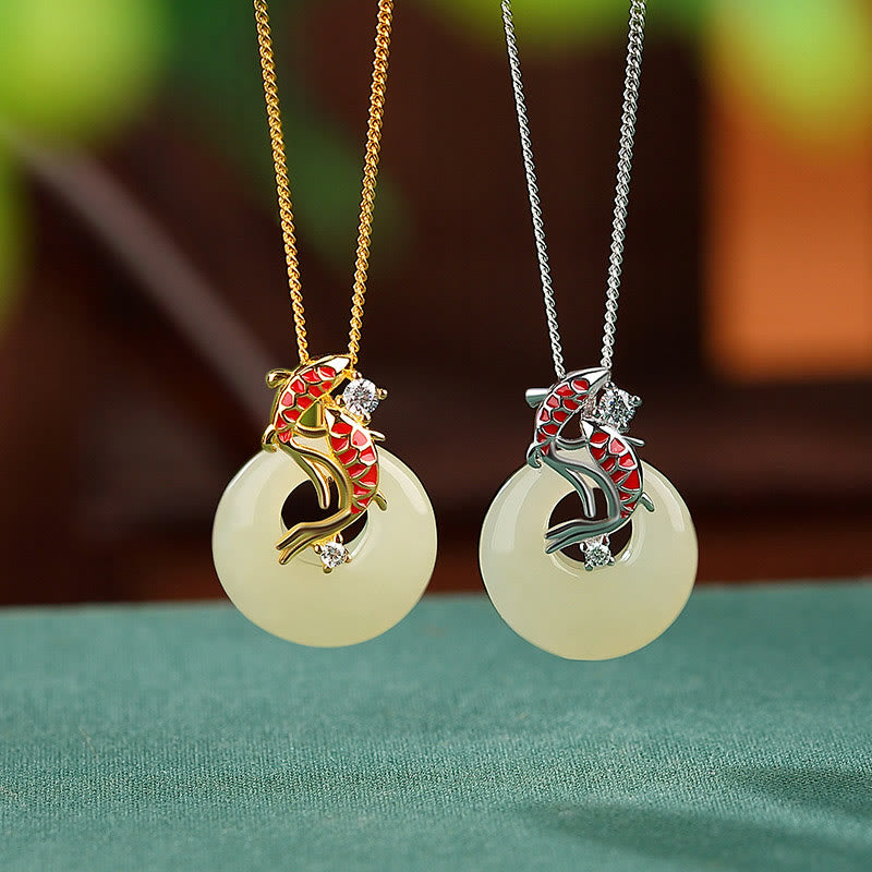 KarmaRipple's 925 Sterling Silver Hetian Jade Peace Buckle Koi Fish Fortune Pendant Necklace p3