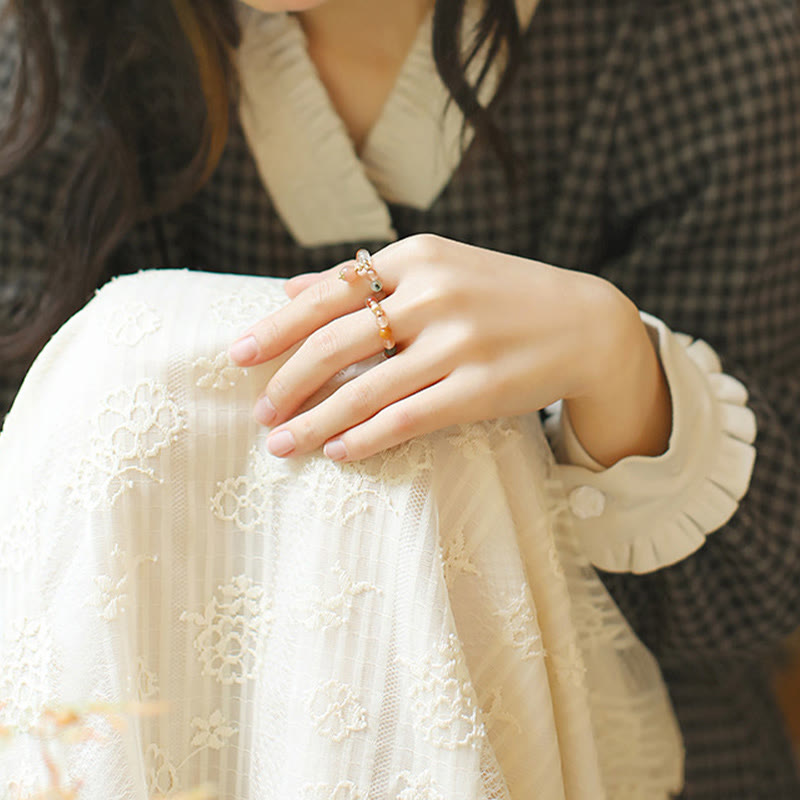 KarmaRipple's 14k Gold Plated Bronze Fu Lu Shou Gemstone Peach Moonstone Happiness Wealth Ring p13