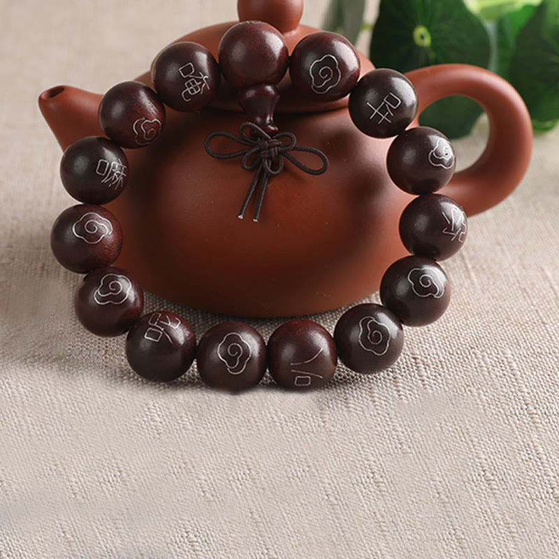 KarmaRipple's 925 Sterling Silver Inlaid Small Leaf Red Sandalwood Om Mani Padme Hum Character Auspicious Clouds Protection Bracelet p14