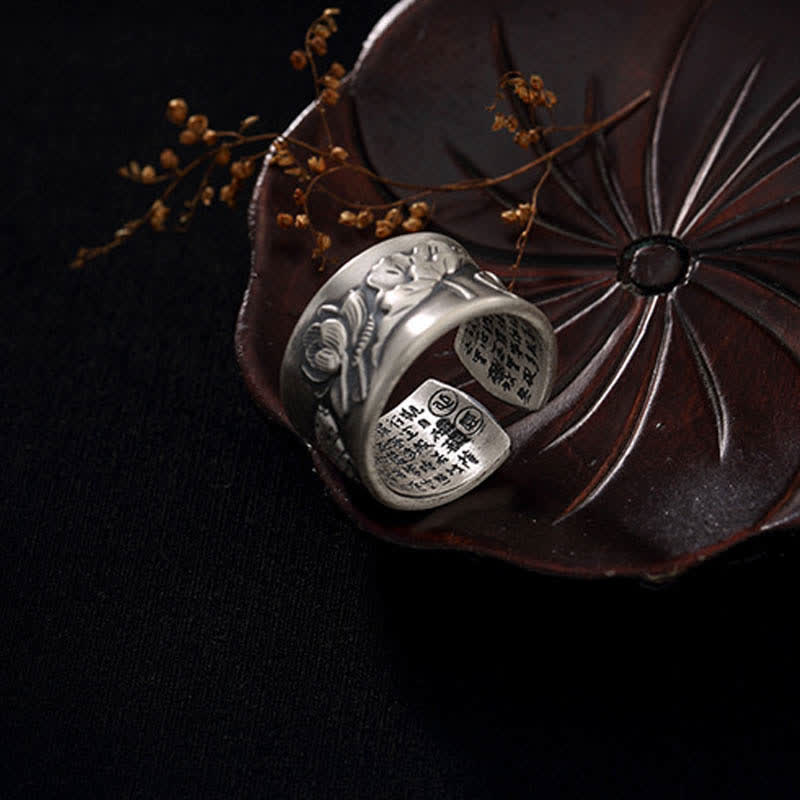 KarmaRipple's 999 Sterling Silver Fortune Koi Fish Lotus Heart Sutra Wealth Ring p21