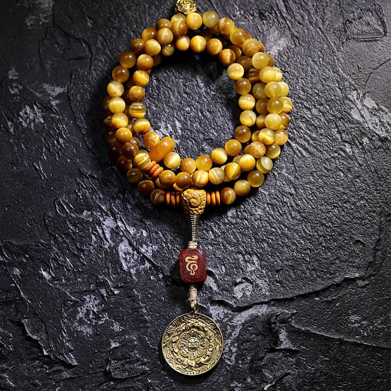 KarmaRipple's 108 Mala Beadwork Authentic Tiger Eye Bronze Dorje Protection Tassel Bracelet p3