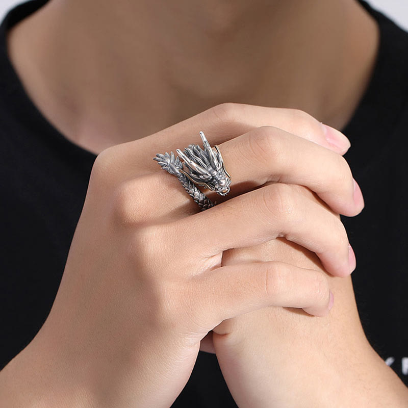 KarmaRipple's 925 Sterling Silver Vintage Dragon Design Protection Strength Adjustable Ring p12