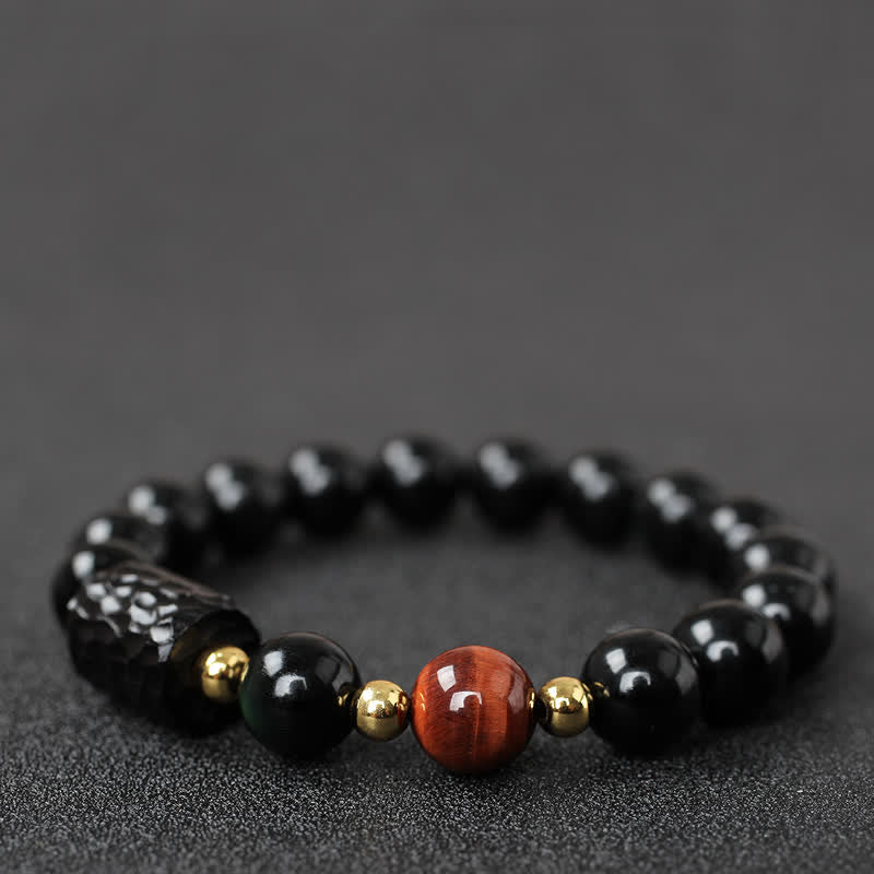 KarmaRipple's Black Obsidian Ebony Wood Red Tiger Eye Strength Pair Bracelet p25