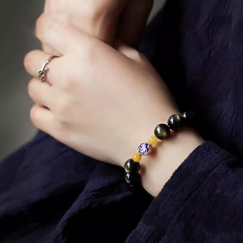 KarmaRipple's 925 Sterling Silver Chinese Zodiac Natal Buddha Authentic Gold Sheen Obsidian Amber Wealth Protection Bracelet p11